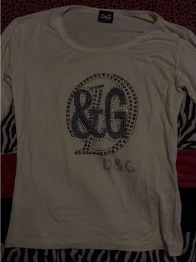 D&G White Long Sleeve Tee with Studded Logo